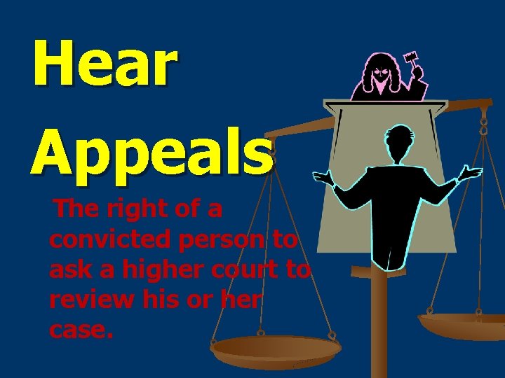 Hear Appeals The right of a convicted person to ask a higher court to