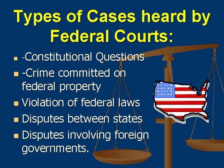 Types of Cases heard by Federal Courts: Questions n -Crime committed on federal property