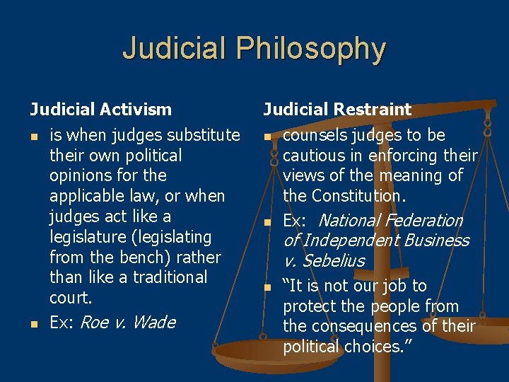 Judicial Philosophy Judicial Activism n n is when judges substitute their own political opinions