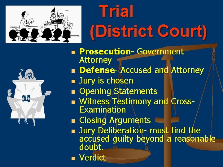 Trial (District Court) n n n n Prosecution- Government Attorney Defense- Accused and Attorney