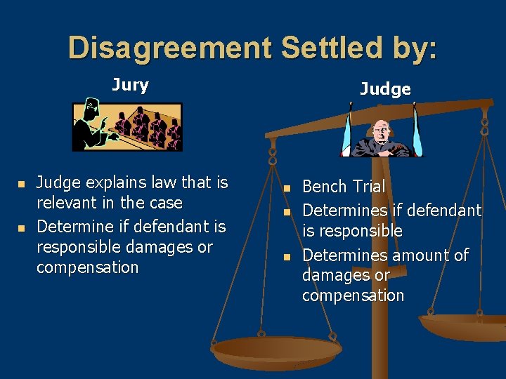Disagreement Settled by: Jury n n Judge explains law that is relevant in the