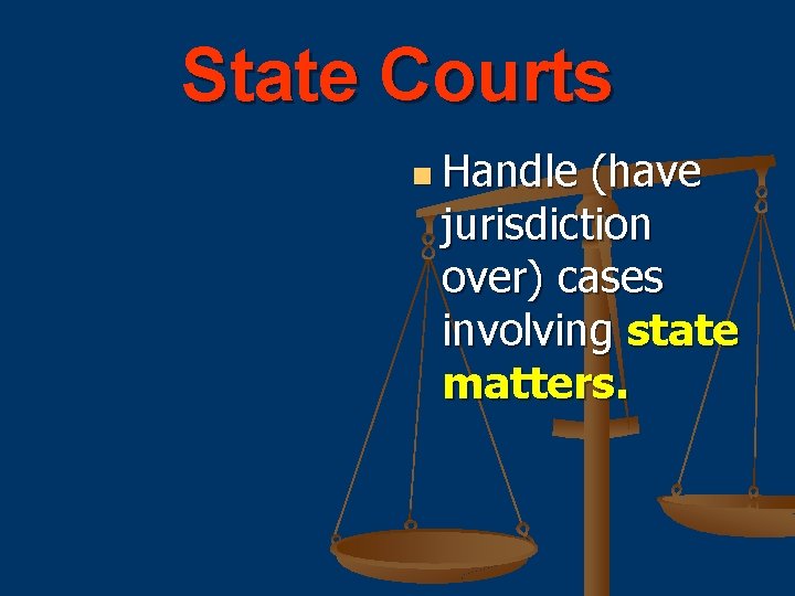 State Courts n Handle (have jurisdiction over) cases involving state matters. 