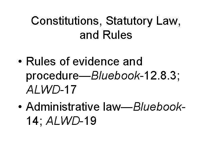 Constitutions, Statutory Law, and Rules • Rules of evidence and procedure—Bluebook-12. 8. 3; ALWD-17