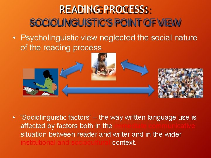 READING PROCESS: SOCIOLINGUISTIC’S POINT OF VIEW • Psycholinguistic view neglected the social nature of READING PROCESS: SOCIOLINGUISTIC’S POINT OF VIEW • Psycholinguistic view neglected the social nature of