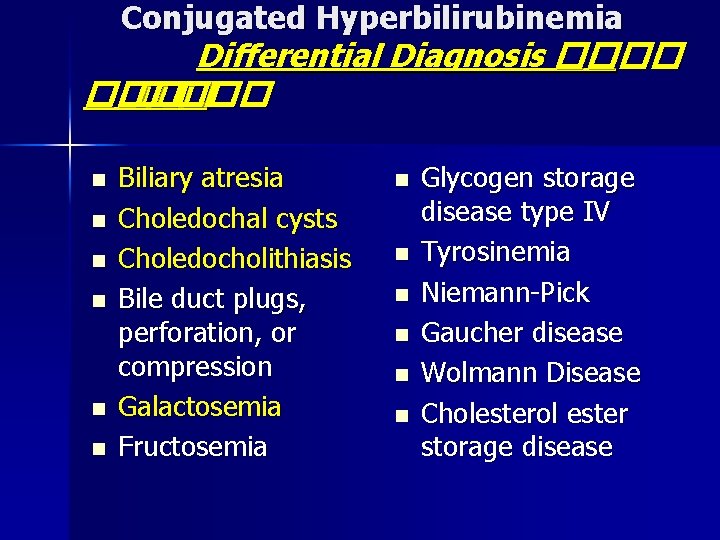 Conjugated Hyperbilirubinemia Differential Diagnosis ���� ��� n n n Biliary atresia Choledochal cysts Choledocholithiasis