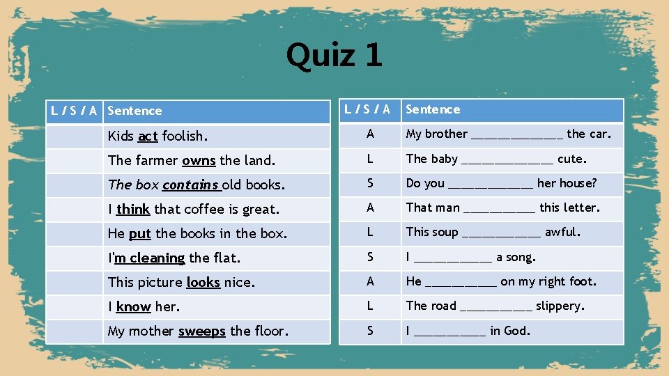 Quiz 1 L / S / A Sentence L/S/A Sentence Kids act foolish. A
