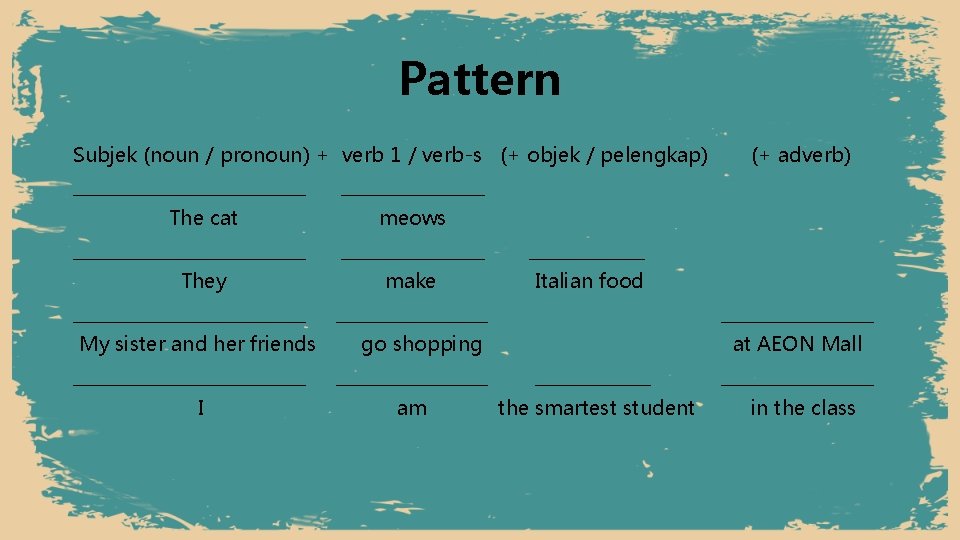 Pattern Subjek (noun / pronoun) + verb 1 / verb-s (+ objek / pelengkap)