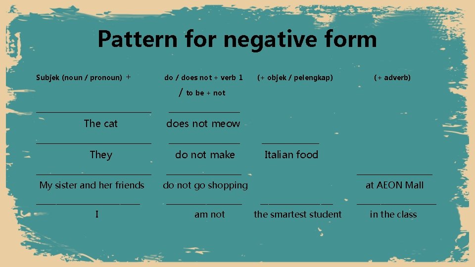Pattern for negative form Subjek (noun / pronoun) + do / does not +