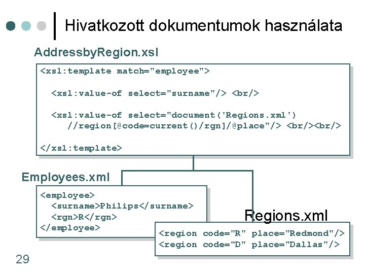 Hivatkozott dokumentumok használata Addressby. Region. xsl <xsl: template match="employee"> <xsl: value-of select="surname"/> <br/> <xsl: