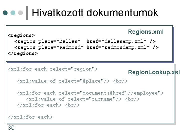 Hivatkozott dokumentumok Regions. xml <regions> <region place="Dallas" href="dallasemp. xml" /> <region place="Redmond" href="redmondemp. xml"