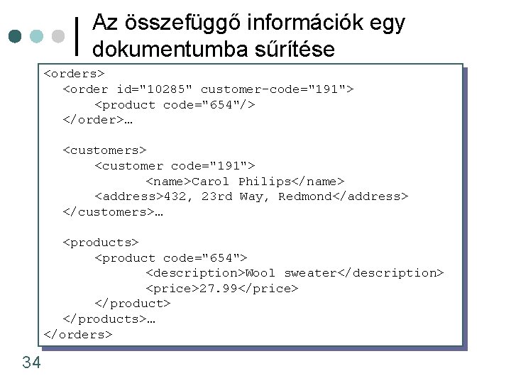 Az összefüggő információk egy dokumentumba sűrítése <orders> <order id="10285" customer-code="191"> <product code="654"/> </order>… <customers>