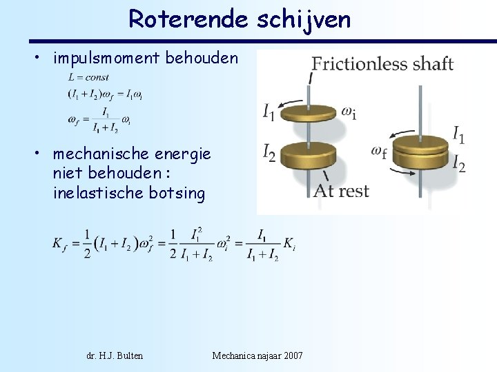 Roterende schijven • impulsmoment behouden • mechanische energie niet behouden : inelastische botsing dr.