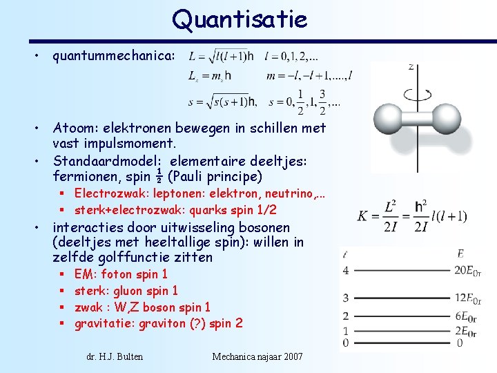 Quantisatie • quantummechanica: • Atoom: elektronen bewegen in schillen met vast impulsmoment. • Standaardmodel: