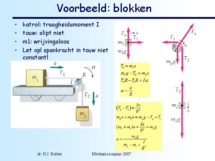 Voorbeeld: blokken • • katrol: traagheidsmoment I touw: slipt niet m 1: wrijvingsloos Let