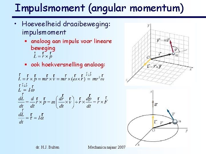 Impulsmoment (angular momentum) • Hoeveelheid draaibeweging: impulsmoment § analoog aan impuls voor lineare beweging