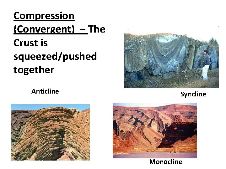 Compression (Convergent) – The Crust is squeezed/pushed together Anticline Syncline Monocline 