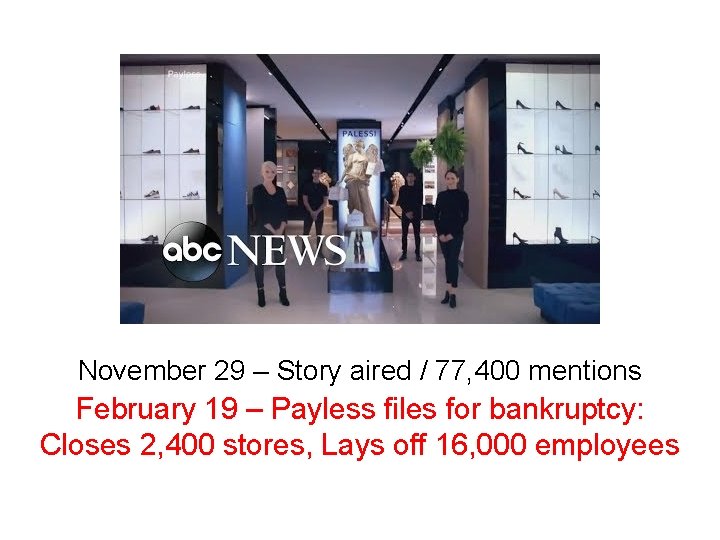 November 29 – Story aired / 77, 400 mentions February 19 – Payless files