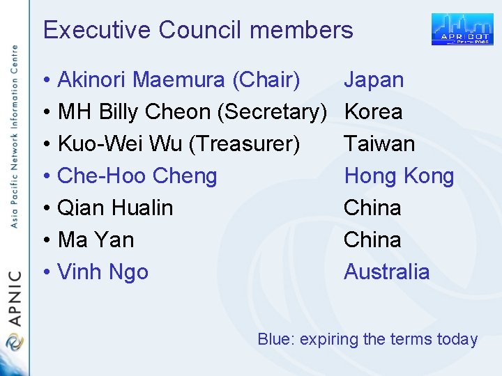 Executive Council members • Akinori Maemura (Chair) • MH Billy Cheon (Secretary) • Kuo-Wei