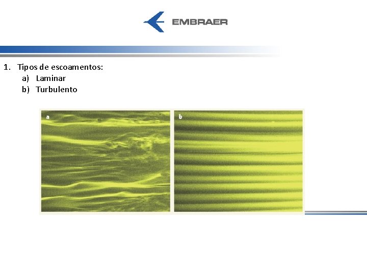 1. Tipos de escoamentos: a) Laminar b) Turbulento 