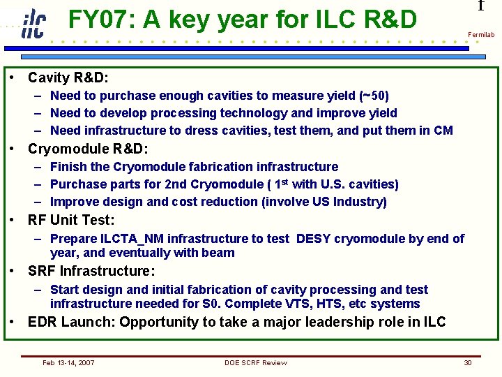 f FY 07: A key year for ILC R&D Fermilab • Cavity R&D: –