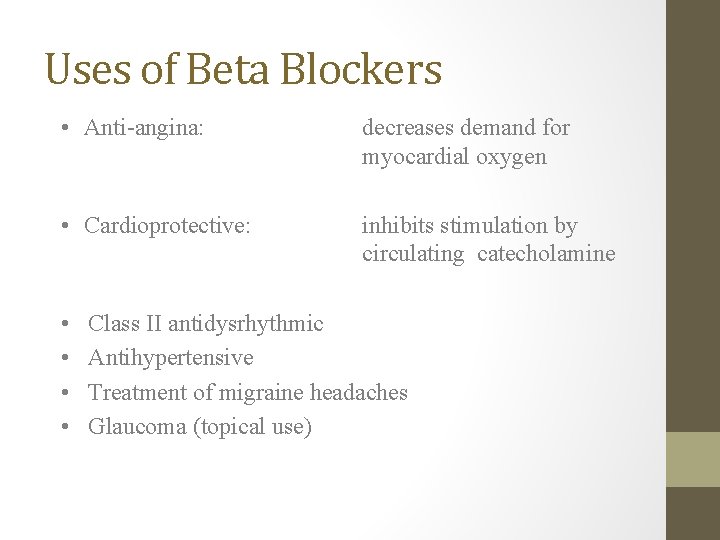 Uses of Beta Blockers • Anti-angina: decreases demand for myocardial oxygen • Cardioprotective: inhibits