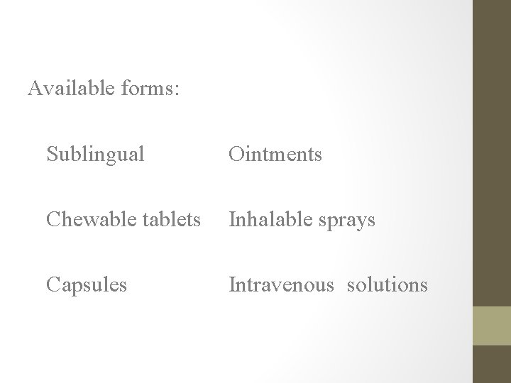 Available forms: Sublingual Ointments Chewable tablets Inhalable sprays Capsules Intravenous solutions 