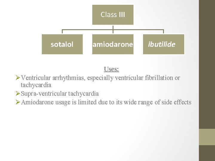 Class III sotalol amiodarone ibutilide Uses: ØVentricular arrhythmias, especially ventricular fibrillation or tachycardia ØSupra-ventricular