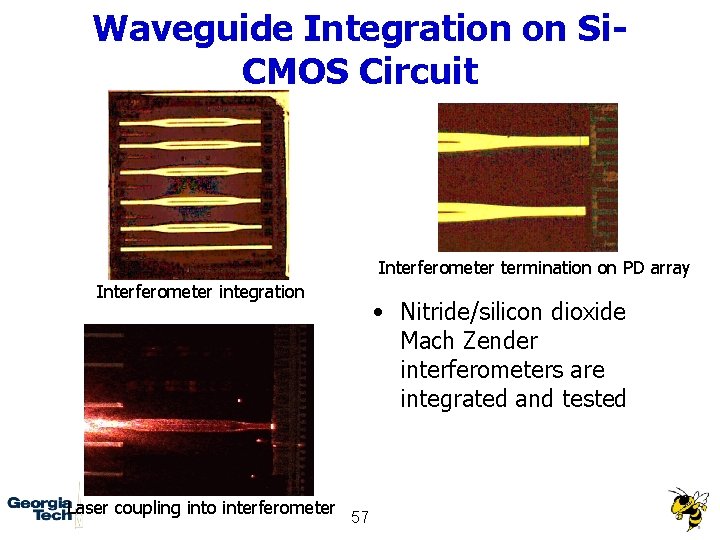 Waveguide Integration on Si. CMOS Circuit Interferometer termination on PD array Interferometer integration Laser