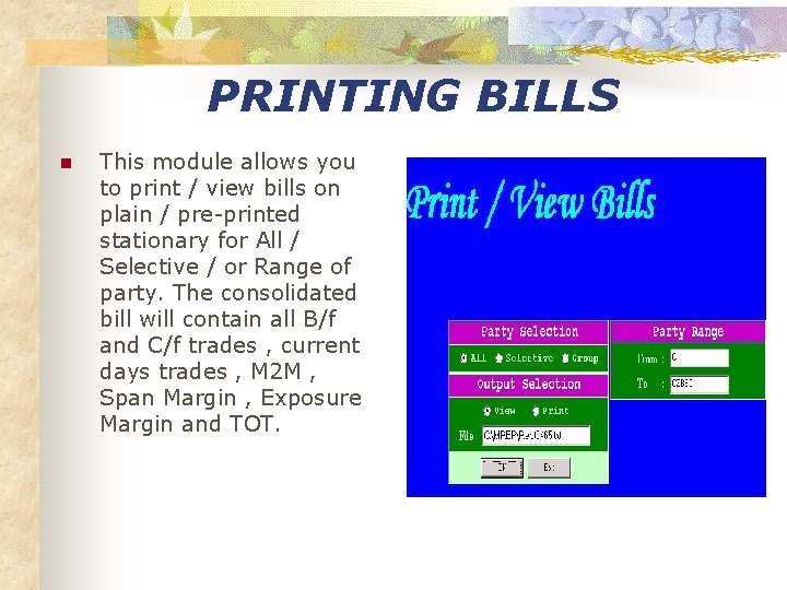 PRINTING BILLS n This module allows you to print / view bills on plain