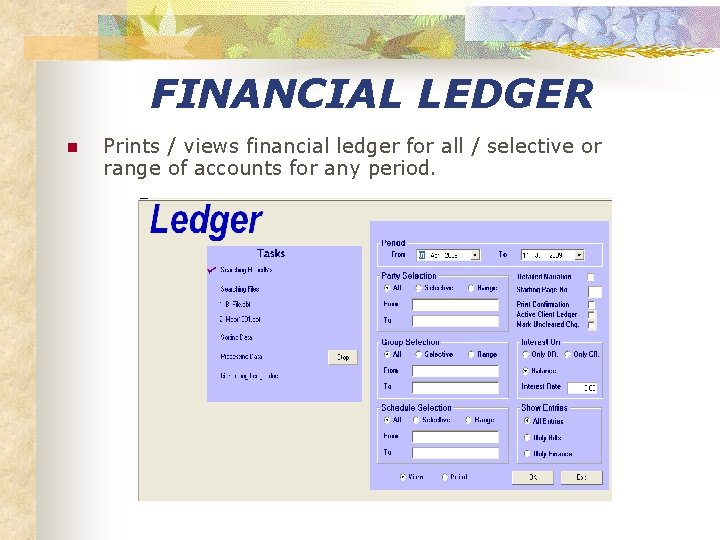 FINANCIAL LEDGER n Prints / views financial ledger for all / selective or range