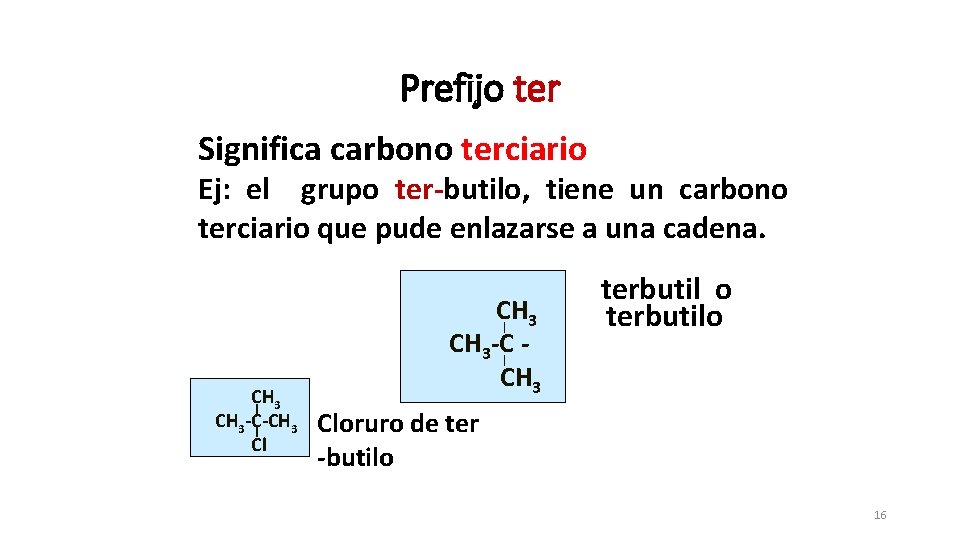 Prefijo ter Significa carbono terciario Ej: el grupo ter-butilo, tiene un carbono terciario que