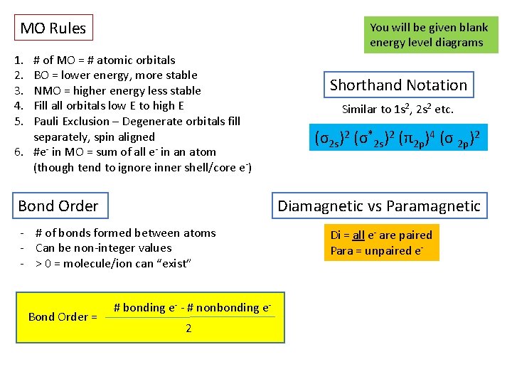 MO Rules You will be given blank energy level diagrams 1. 2. 3. 4.