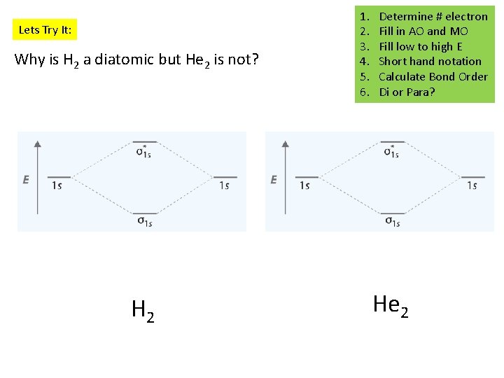 Lets Try It: Why is H 2 a diatomic but He 2 is not?