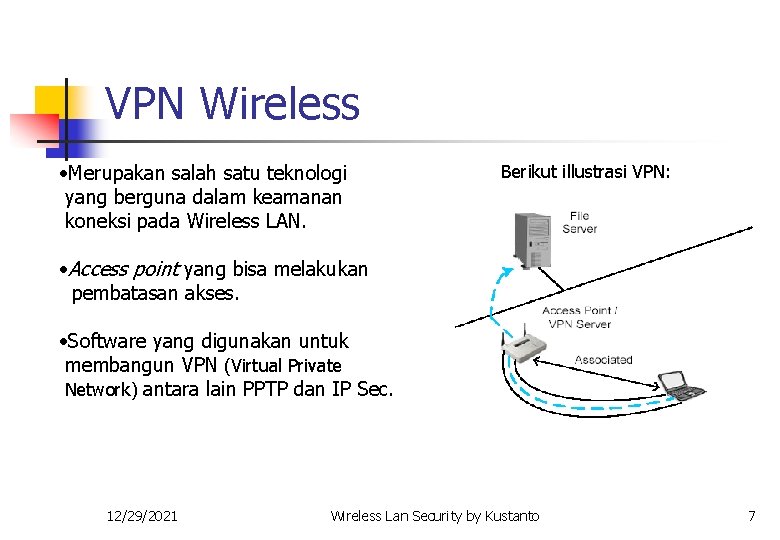 VPN Wireless • Merupakan salah satu teknologi yang berguna dalam keamanan koneksi pada Wireless