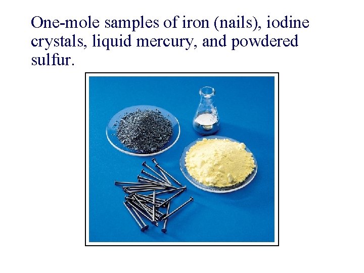 One-mole samples of iron (nails), iodine crystals, liquid mercury, and powdered sulfur. 