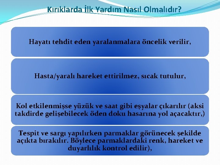 Kırıklarda İlk Yardım Nasıl Olmalıdır? Hayatı tehdit eden yaralanmalara öncelik verilir, Hasta/yaralı hareket ettirilmez,