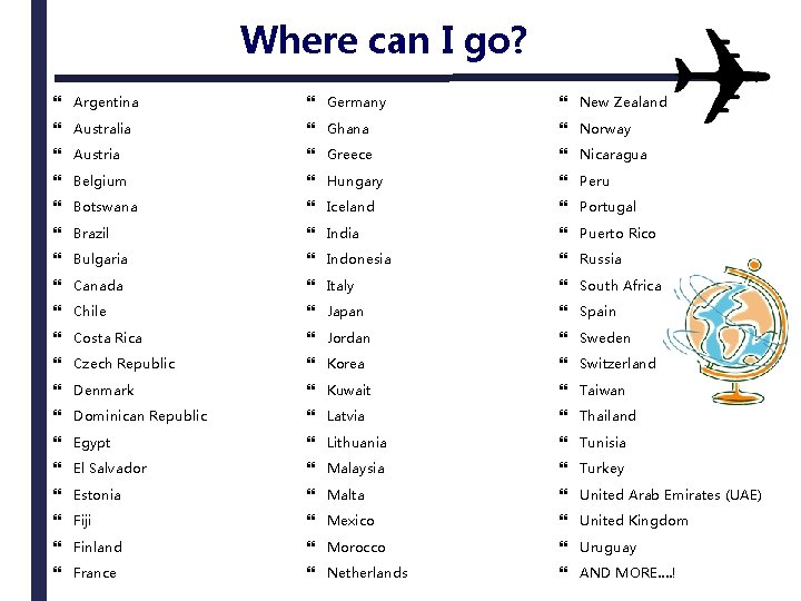 Where can I go? Argentina Germany New Zealand Australia Ghana Norway Austria Greece Nicaragua