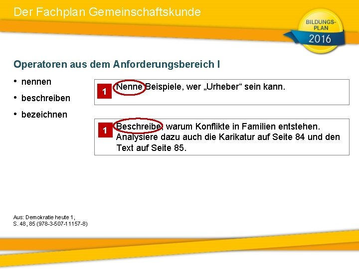 Der Fachplan Gemeinschaftskunde Operatoren aus dem Anforderungsbereich I • nennen • beschreiben • bezeichnen