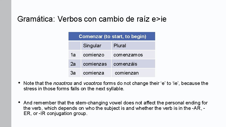 Gramática: Verbos con cambio de raíz e>ie Comenzar (to start, to begin) Singular Plural