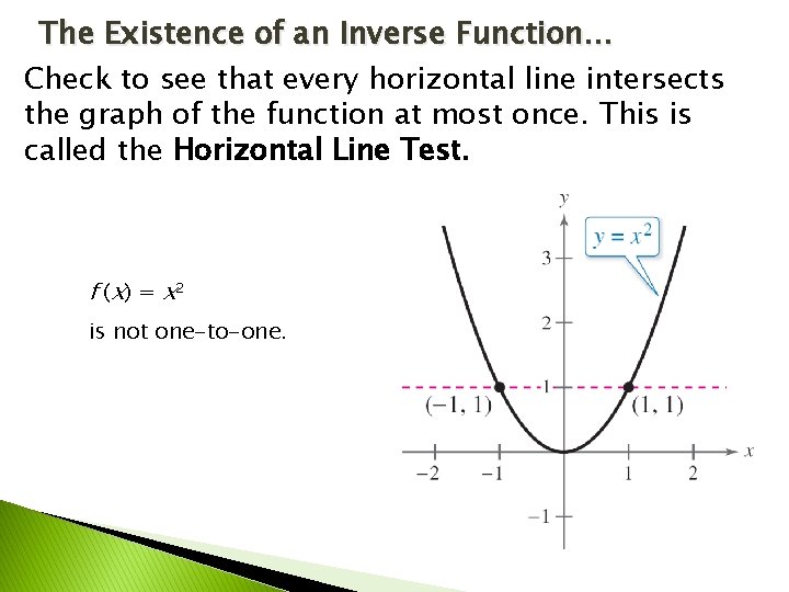The Existence of an Inverse Function… Check to see that every horizontal line intersects