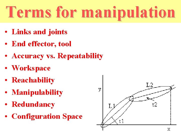 Terms for manipulation • • Links and joints End effector, tool Accuracy vs. Repeatability