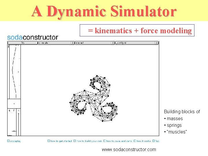 A Dynamic Simulator = kinematics + force modeling Building blocks of • masses •