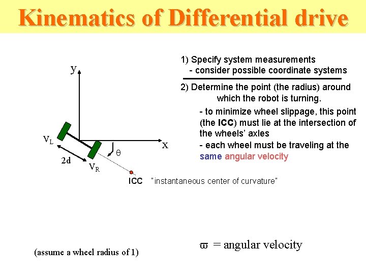 Kinematics of Differential drive 1) Specify system measurements - consider possible coordinate systems y