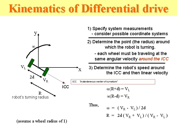 Kinematics of Differential drive 1) Specify system measurements - consider possible coordinate systems y