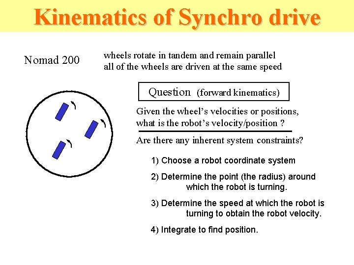 Kinematics of Synchro drive Nomad 200 wheels rotate in tandem and remain parallel all