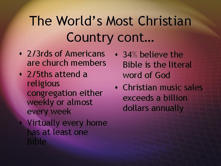 The World’s Most Christian Country cont… s 2/3 rds of Americans s 34% believe