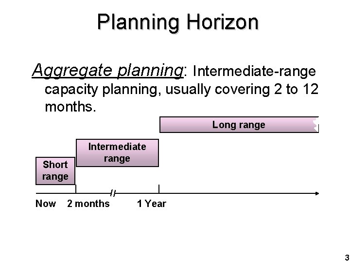 Planning Horizon Aggregate planning: Intermediate-range capacity planning, usually covering 2 to 12 months. Long