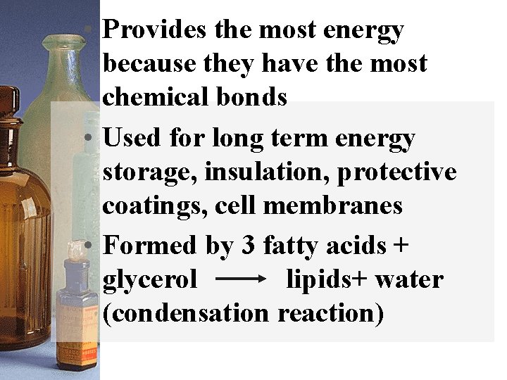  • Provides the most energy because they have the most chemical bonds •