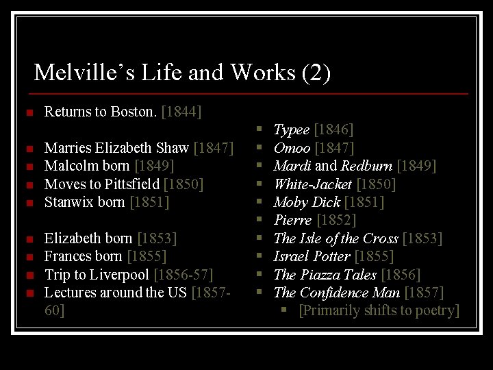 Melville’s Life and Works (2) n n n n n Returns to Boston. [1844]