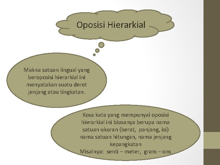 Oposisi Hierarkial Makna satuan lingual yang beroposisi hierarkial ini menyatakan suatu deret jenjang atau